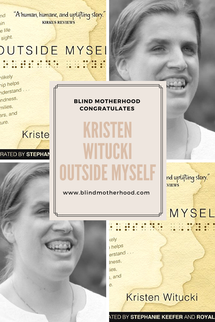 ID: A 4 picture collage that contains 2 color photos of the book cover of OUTSIDE MYSELF and 2 black and white pictures of the author, Kristen Witucki, with her hair pulled back as she smiles.