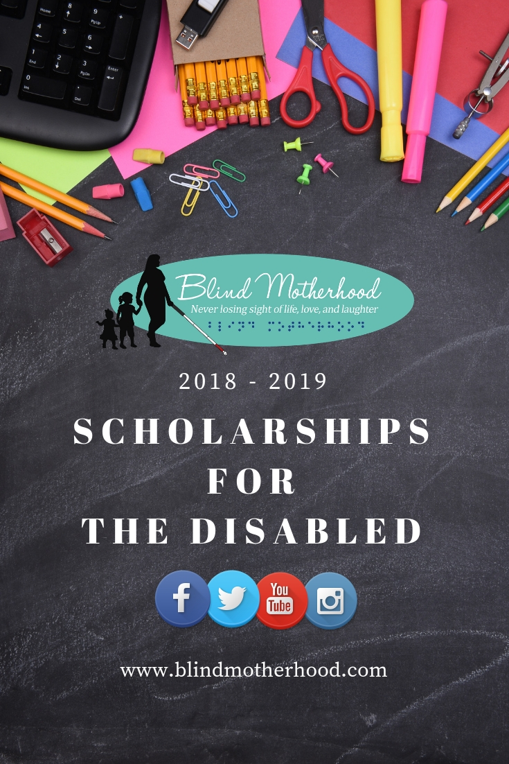 ID: A blackboard with school supplies lining the top. Blind Motherhood logo. Social Media logos and white font.