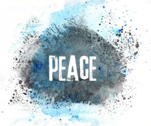 Black and blue paint splatter with the words "PEACE" in the middle.